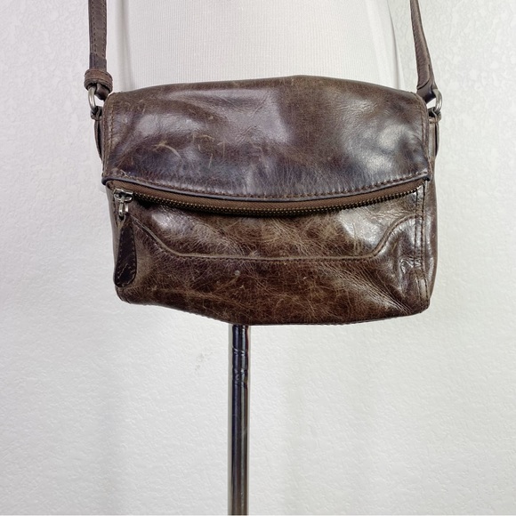 Frye Melissa Foldover Dark Brown Distressed Leather Crossbody Bag - Picture 2 of 10